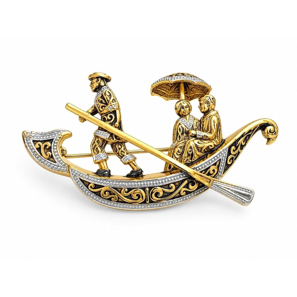 Vintage Spanish Damascene Brooch Gold Tone Gondola Boat Spain Pin Jewelry